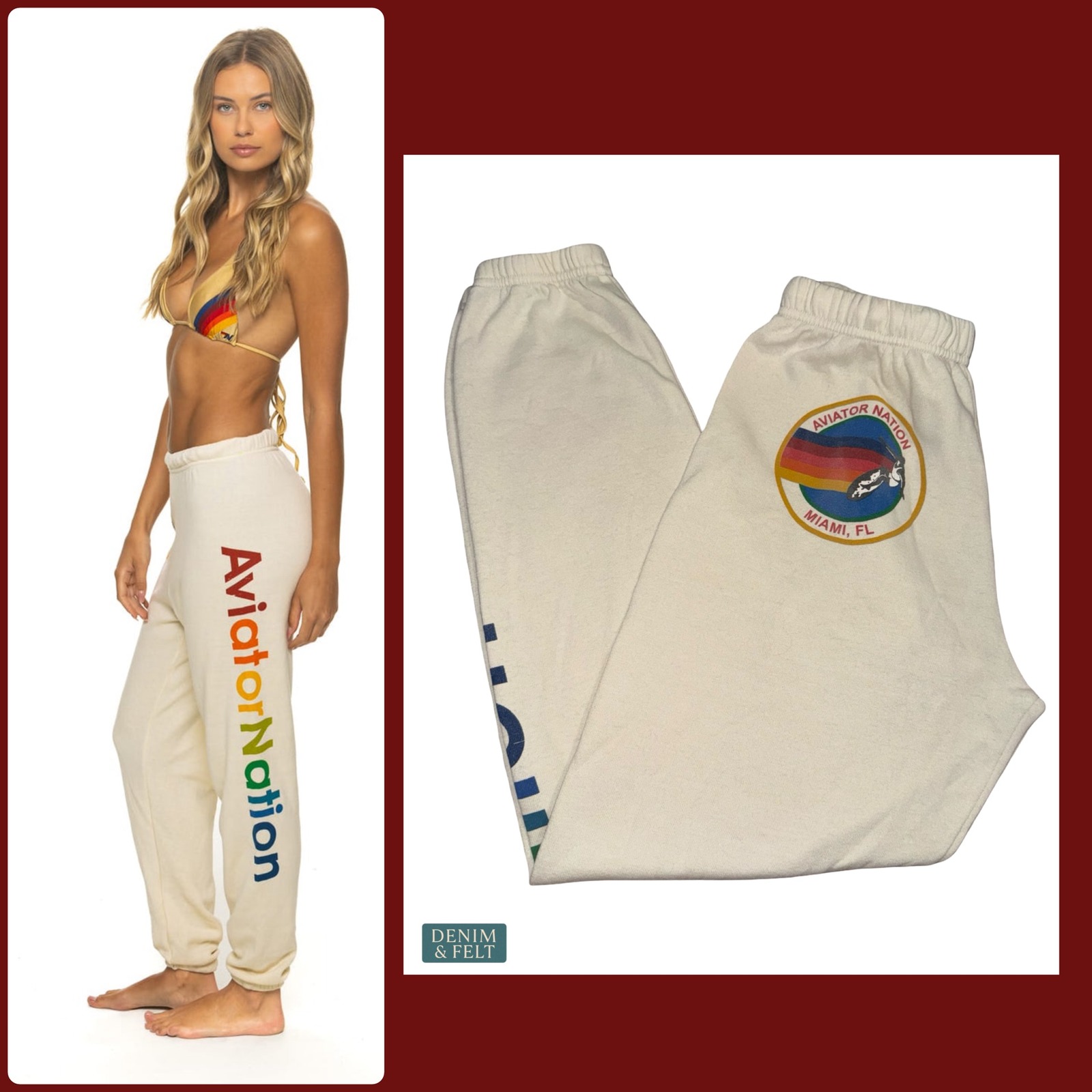 Aviator Nation Miami Fl Sweatpants Vintage White Rainbow Logo Lounge Joggers